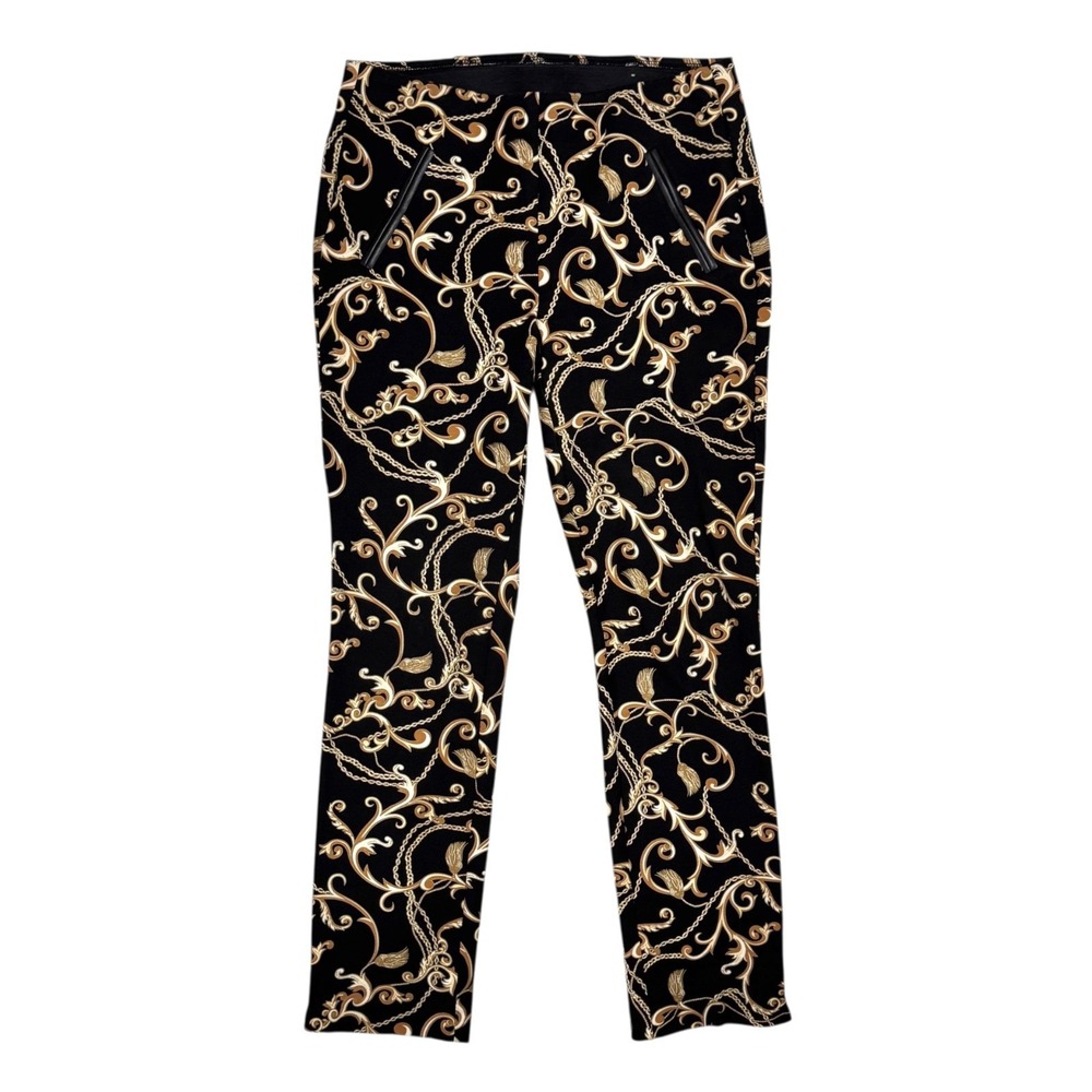Chico's So‎ Slimming Juliet Ankle Pants 00 Size 2 Black Gold Scroll Chain Print